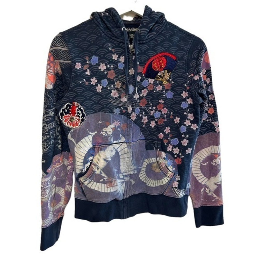Y2K lucky brand sweatshirt hoodie zip XS Asian print embroidery boho geisha 00's
